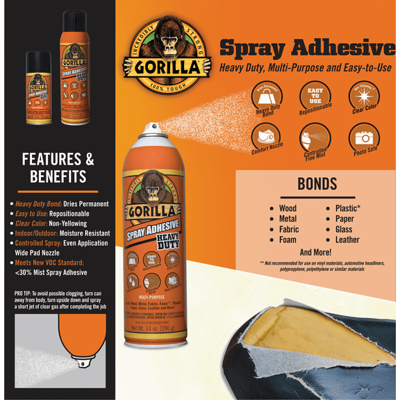 Gorilla Heavy-Duty Multi-Purpose Spray Adhesive - Single Pack Residential Use, Standard Application