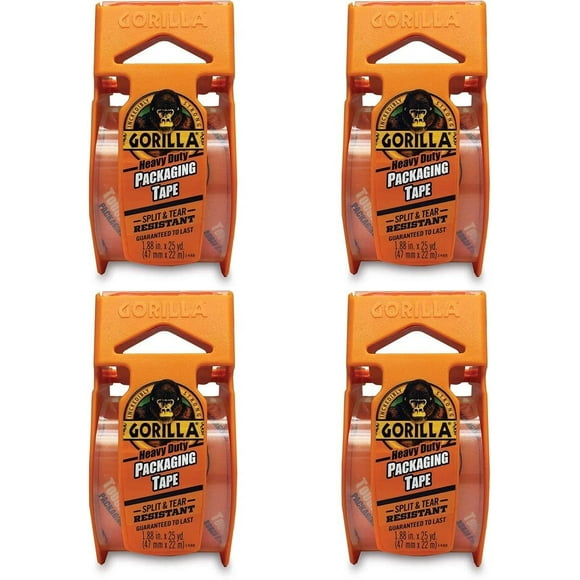 Gorilla Heavy Duty Packing Tape with Dispenser for Moving, Shipping and Storage, 1.88" x 25 yd, Clear, Pack of 4
