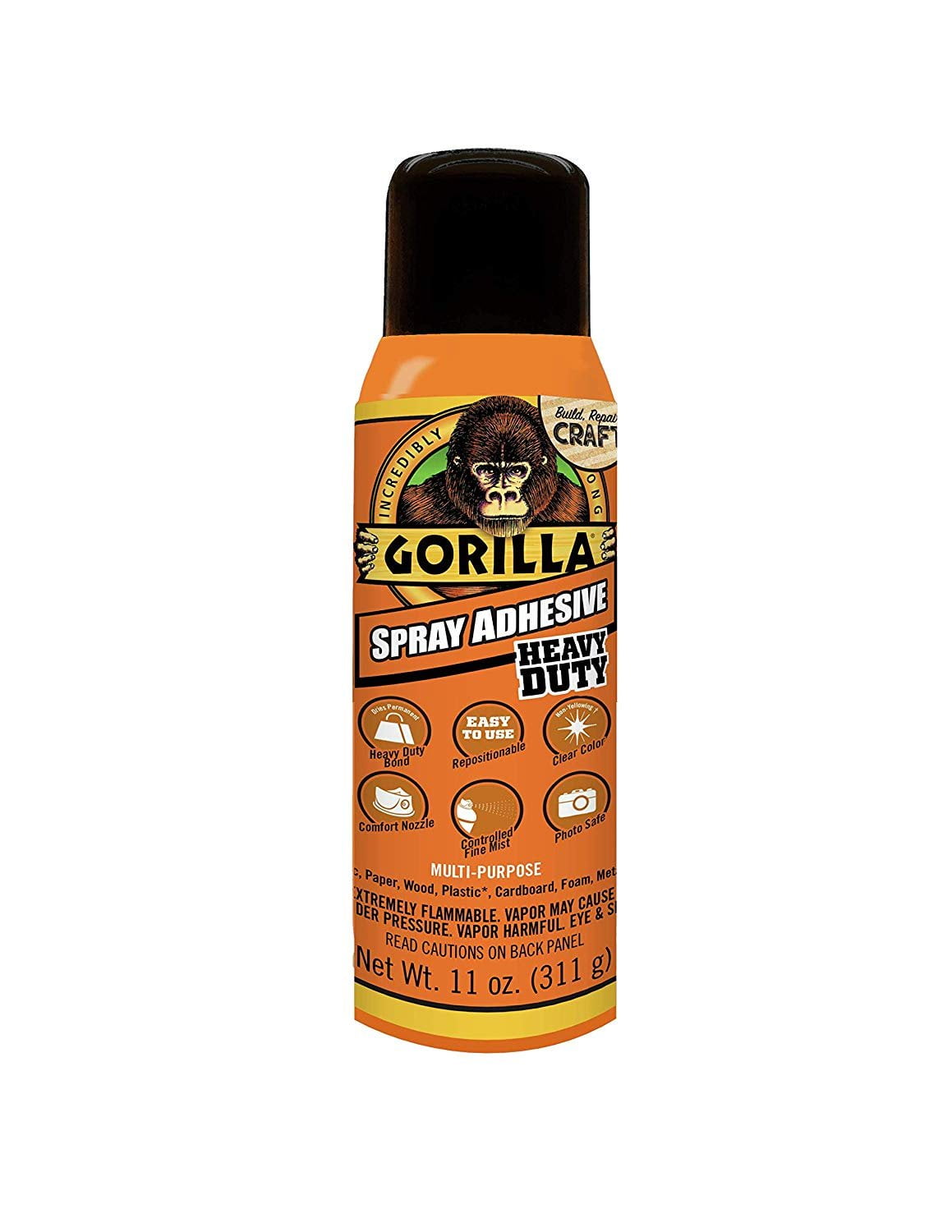 Gorilla Heavy Duty Spray Adhesive, Multipurpose and Repositionable, 11  Ounce, Clear, (Pack of 1)
