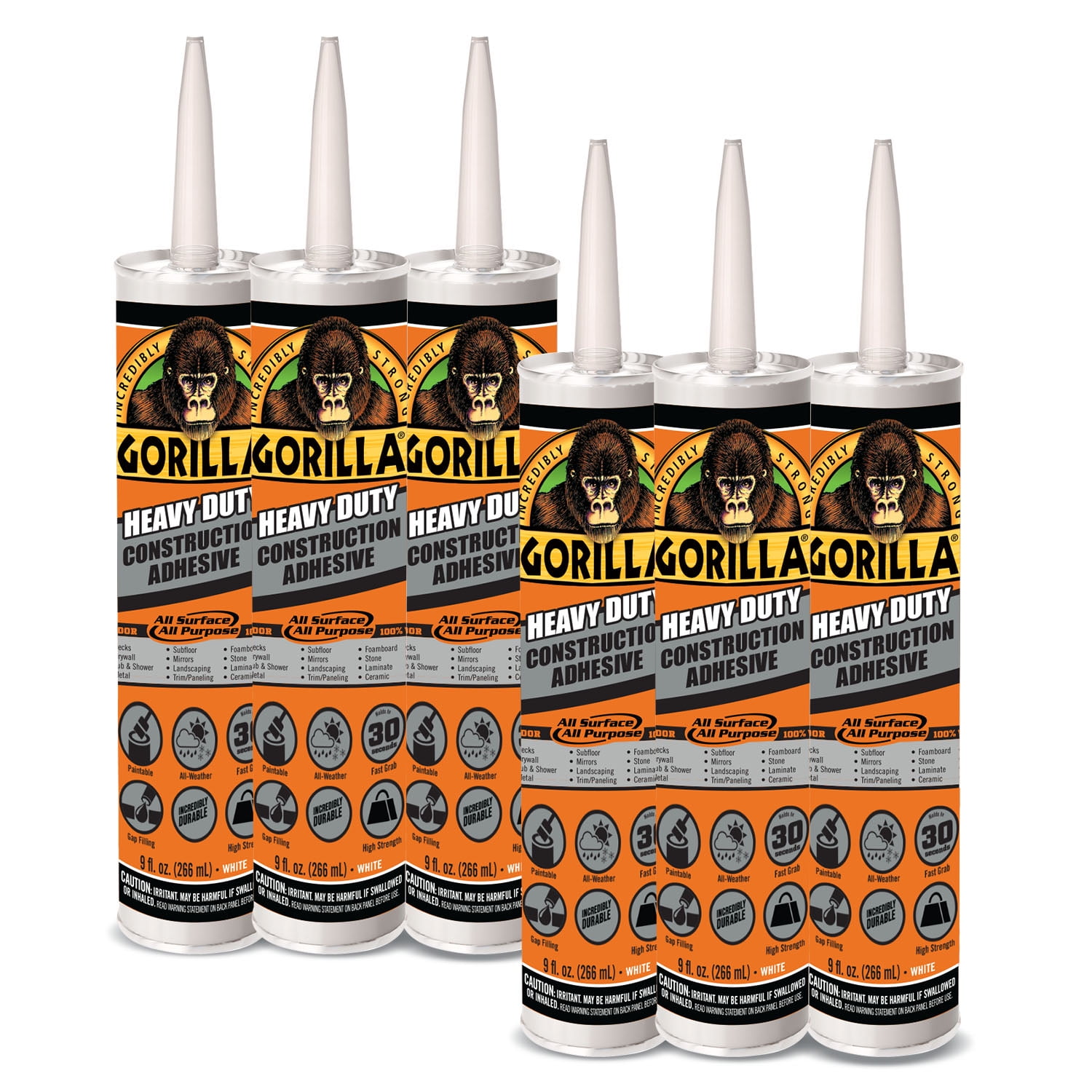Gorilla Heavy Duty White Construction Adhesive 9 oz Cartridges, 6 Pack