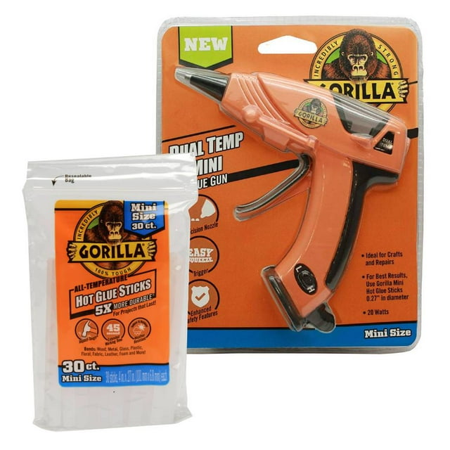 Gorilla Mini Dual Temp Hot Glue Gun & 30 Count Sticks Bundle Kit for
