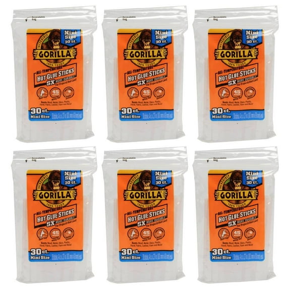 Gorilla Hot Glue Sticks Clear 4-inch Mini 30 Ct High/Low Temp Glue Guns, 6-Pack