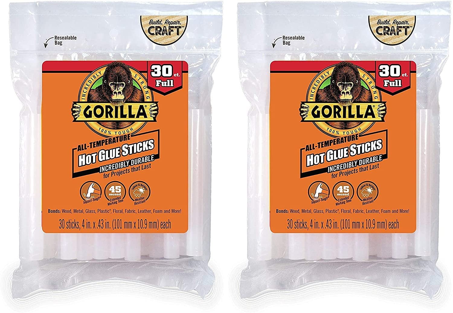 Gorilla Hot Glue Sticks, Full Size, 4 Long x .43 Diameter, 30 Count,  Clear, (Pack of 1)
