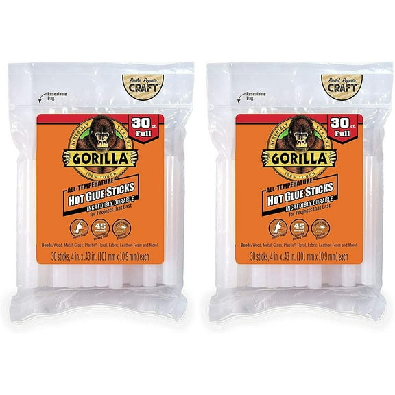 Gorilla Hot Glue Sticks, Full Size, 4" Long x .43" Diameter, 30 Count, Clear, Pack of 2