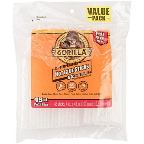 Gorilla Hot Glue Sticks, Full Size, 4" Long x .43" Diameter, 45 Count, Clear, (Pack of 1)
