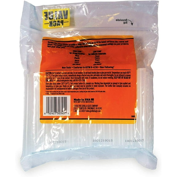 Gorilla Hot Glue Sticks, Full Size, 4" Long x .43" Diameter, 45 Count,Clear, Pack of 2