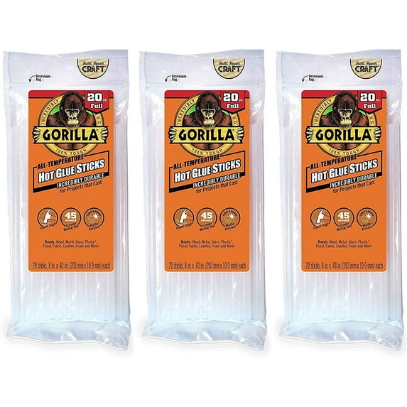 Gorilla Hot Glue Sticks, Full Size, 8" Long x .43" Diameter, 20 Count, Clear, Pack of 1 hree Pck