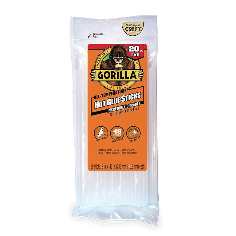 Gorilla Hot Glue Sticks, Full Size, 8 Long x .43 Diameter, 20 Count,  Clear, Pack of 2 