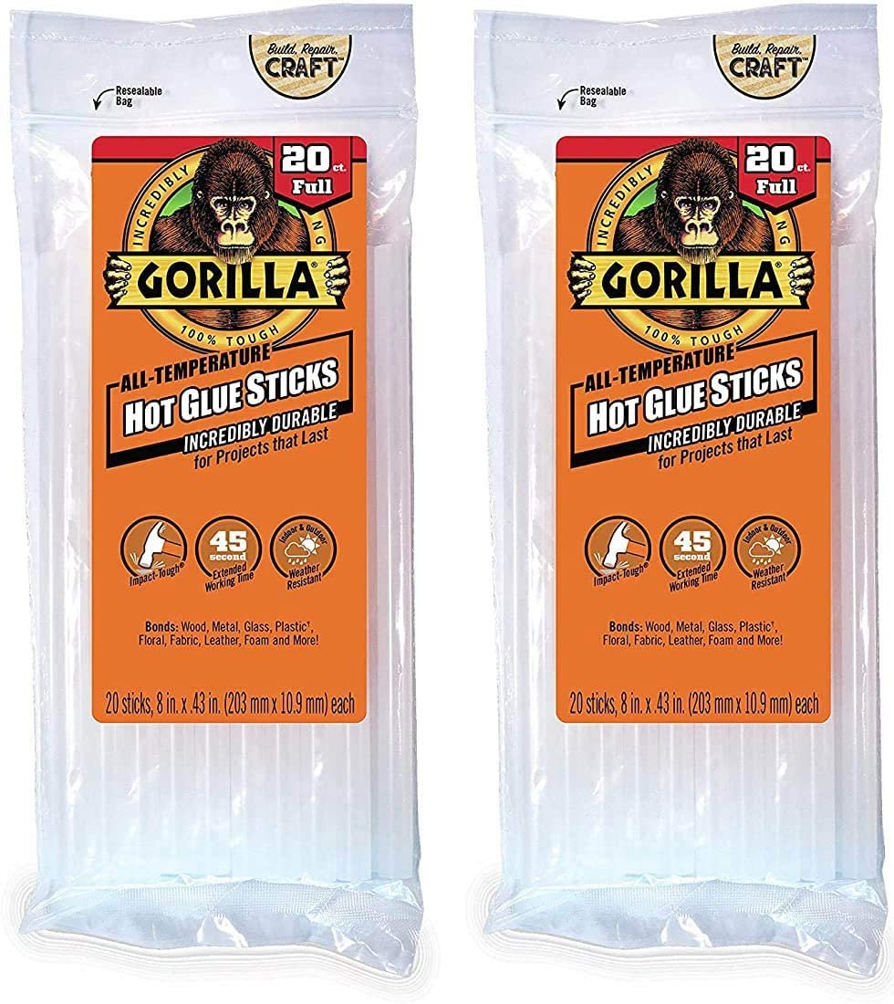 Gorilla Hot Glue Sticks, Full Size, 8 Long x .43 Diameter, 20 Count,  Clear, Pack of 2 