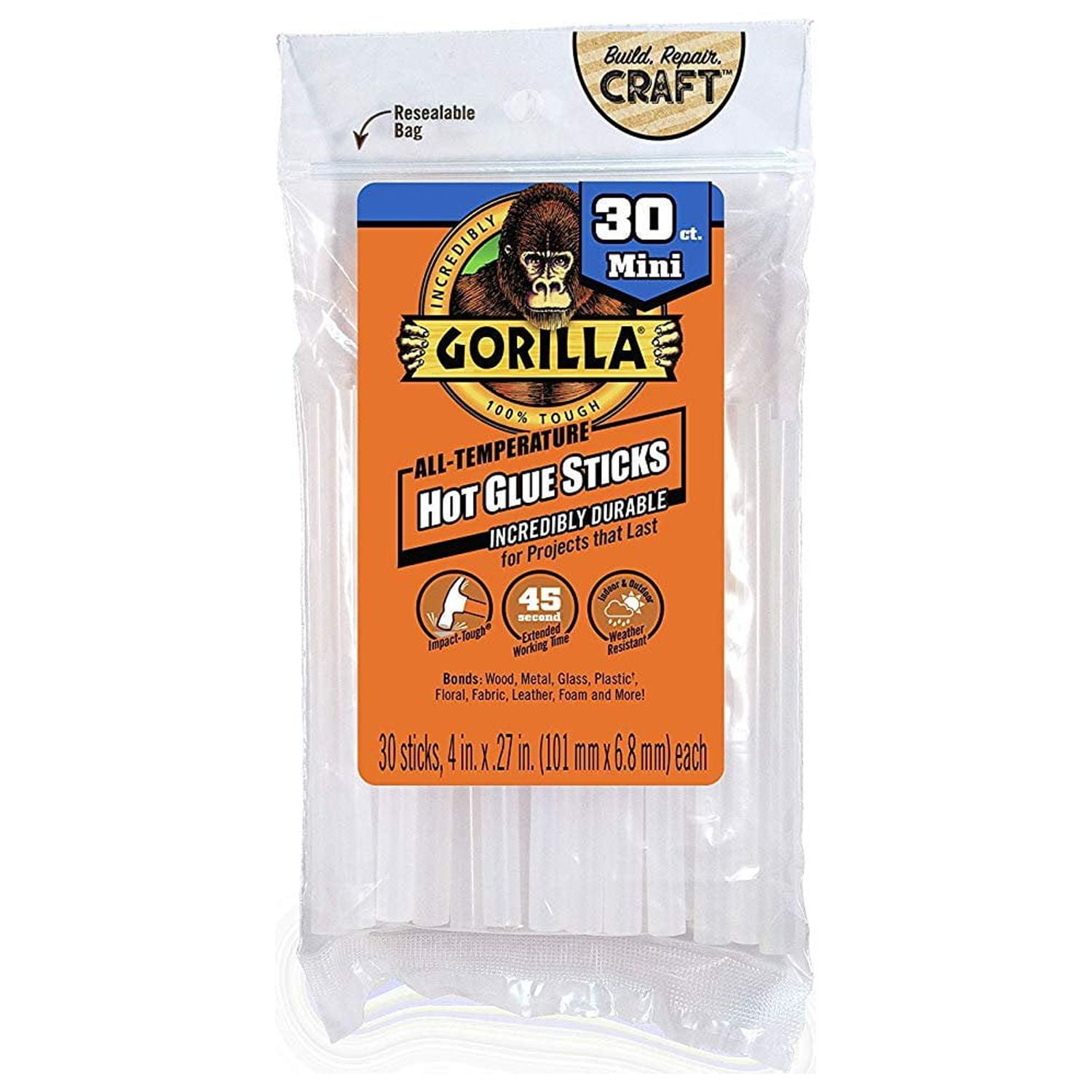 Gorilla Hot Glue Sticks, Mini Size, 4 Long x .27 Diameter, 30 Count,  Clear, Pack of 1 