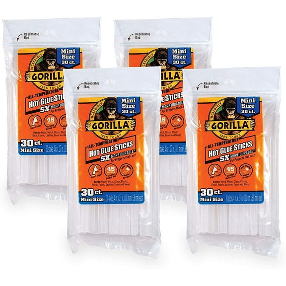 Gorilla Hot Glue Sticks, Mini Size, 4" Long x .27" Diameter, 30 Count, Clear, Pack of 4