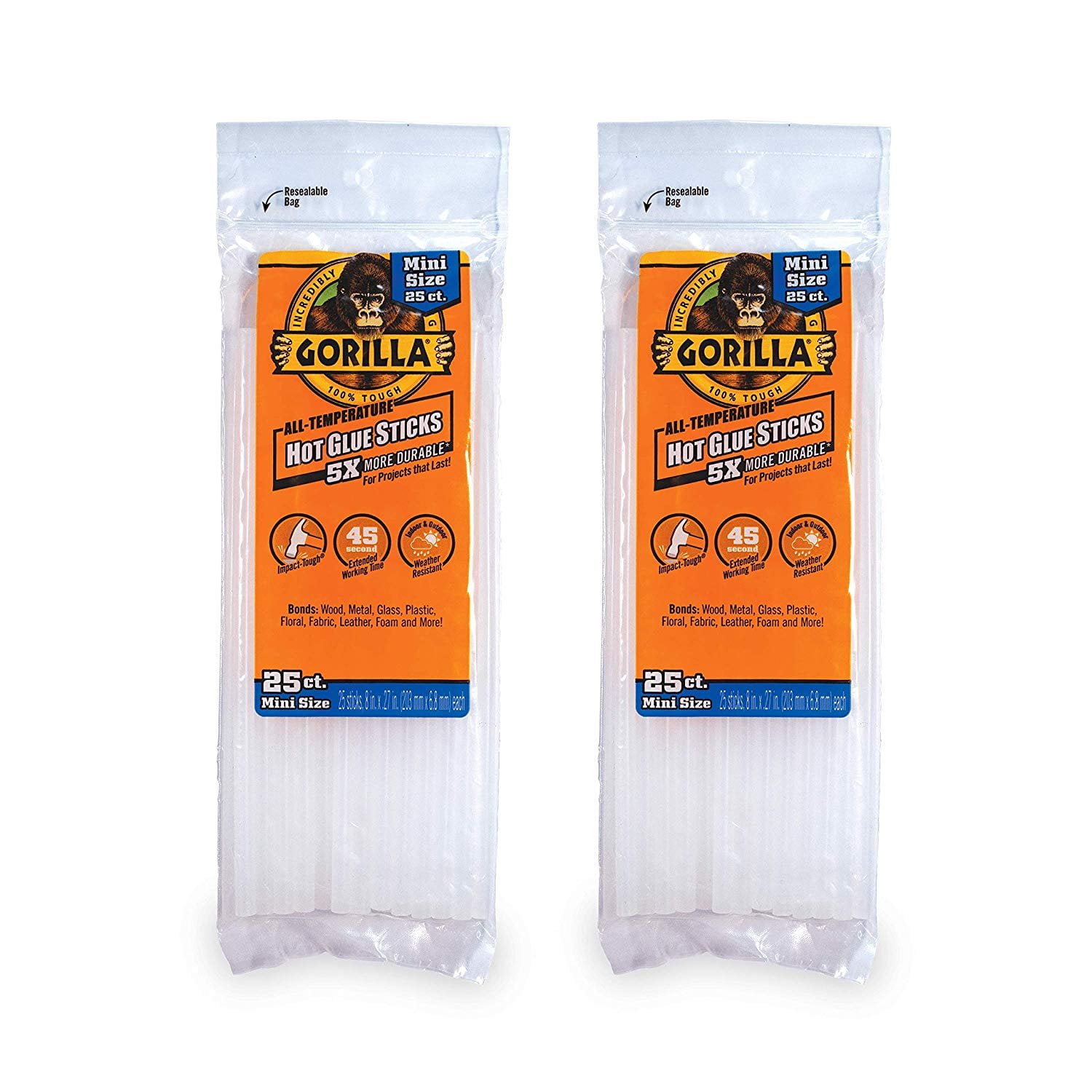 Gorilla Hot Glue Sticks, Mini Size, 8 Long x .27 Diameter, 25 Count,  Clear, Pack of 2
