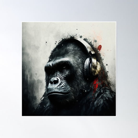 Gorilla Listening To Music Graphic Gorilla Art Poster Wall Art, Modern Wall Decor, 30x30 UNFRAMED