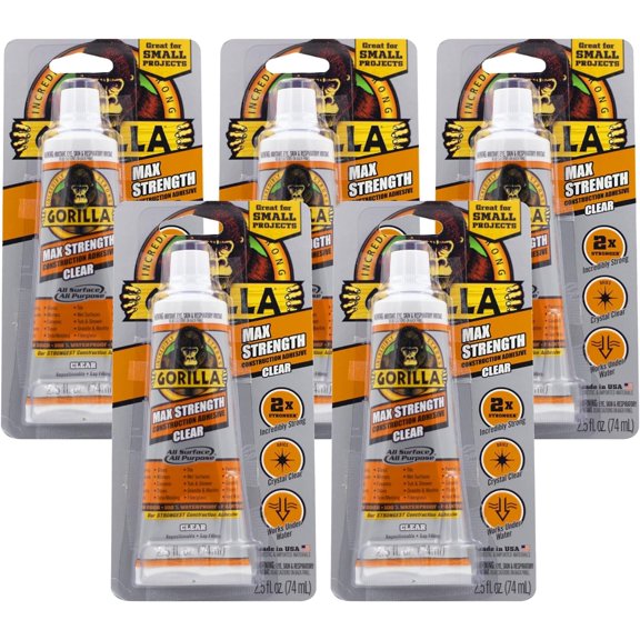 Gorilla Max Strength Clear Construction Adhesive, 2.5 Ounce Squeeze Tube, Clear, Pack of 5