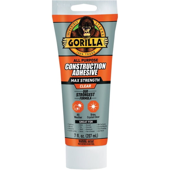 Gorilla Max Strength Construction Adhesive, Clear Glue, 7 Ounce Squeeze Tube Pack of 1 - Gap Filling and Waterproof