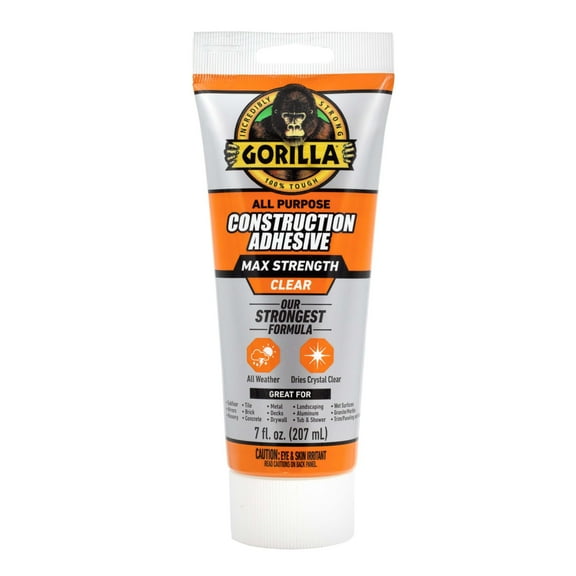 Gorilla Max Strength Construction Adhesive, Clear Glue, 7 Ounce Squeeze Tube Pack of 1 - Gap Filling and Waterproof