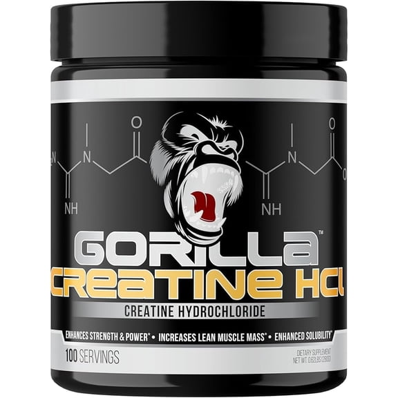 Gorilla Mind Creatine HCl Powder with Pepsin, Unflavored, 100 Servings