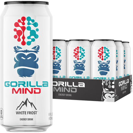 Gorilla Mind Energy Drink, No Sugar or Artificial Colors, White Frost, 16 oz, 12 pack Cans