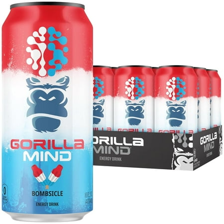 Gorilla Mind Energy Drink, Bombsicle, 16 fl oz Cans, Zero Sugar, Nootropic Performance Beverage, 12 Pack