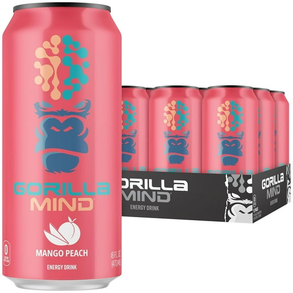 Gorilla Mind Energy Drink, Mango Peach, 16 fl oz Cans, Zero Sugar, Nootropic Performance Beverage, 12 Pack