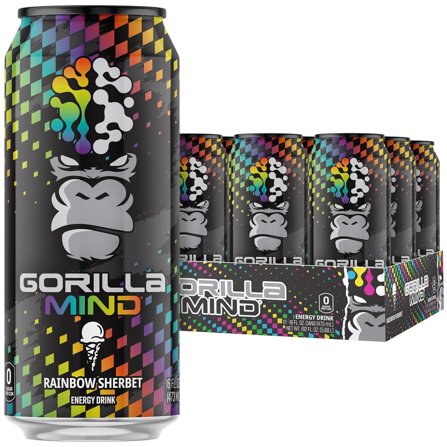 Gorilla Mind Energy Drink, No Sugar or Artificial Colors, Rainbow Sherbet, 16 oz, 12 pack Cans