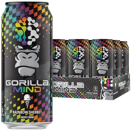 Gorilla Mind Energy Drink, No Sugar or Artificial Colors, Rainbow Sherbet, 16 oz, 12 pack Cans