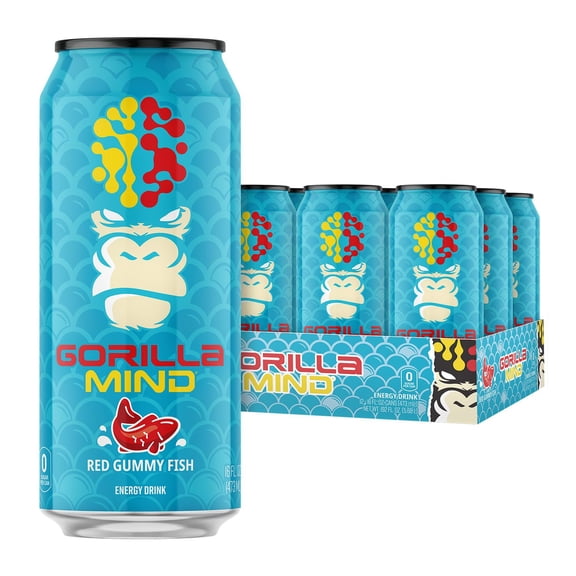 Gorilla Mind Energy Drink, No Sugar or Artificial Colors, Red Gummy Fish, 16 oz, 12 pack Cans