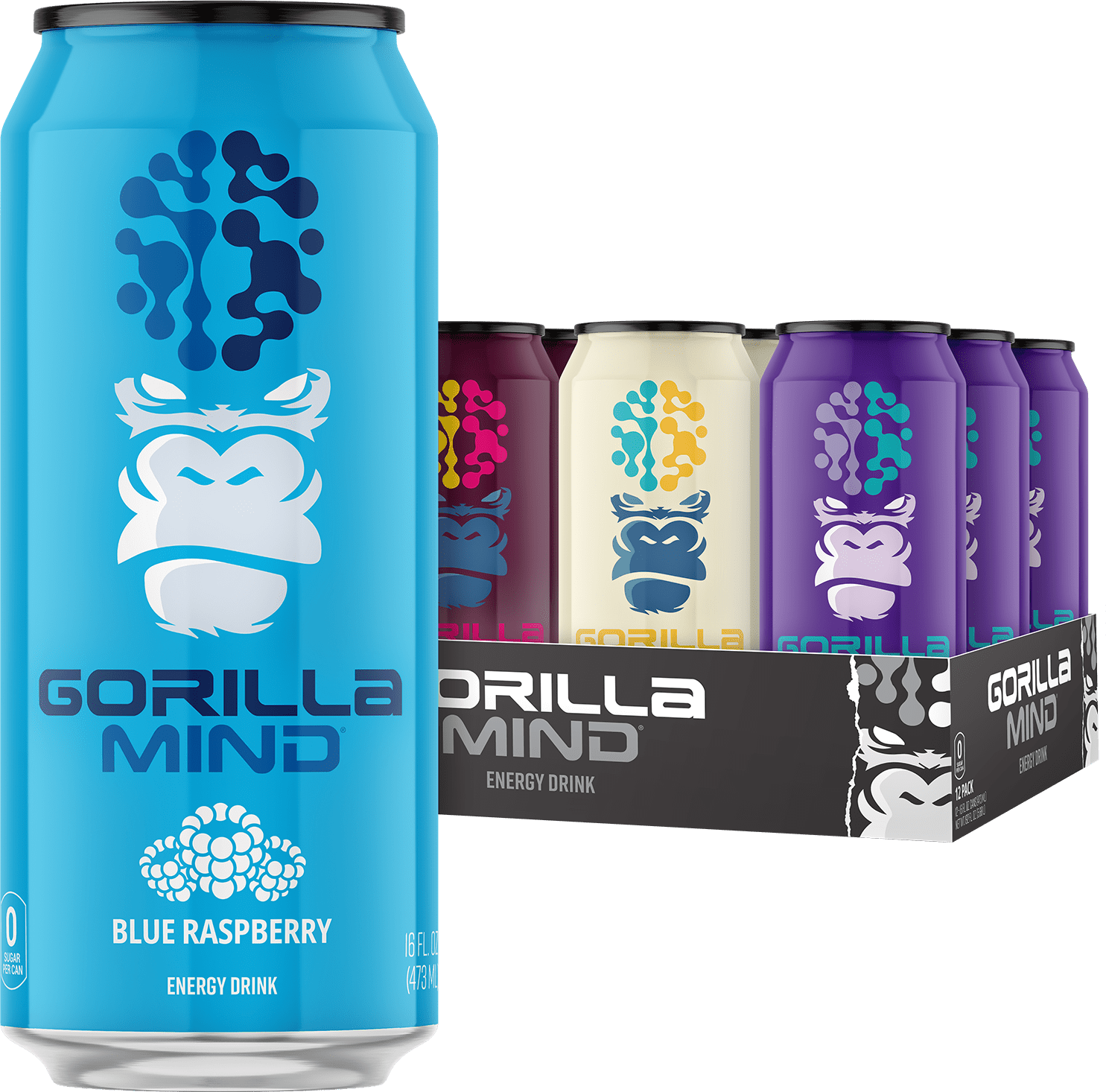 Gorilla Mind Energy Drink, No Sugar or Artificial Colors, Variety Pack 1, 16 oz, 12 pack Cans