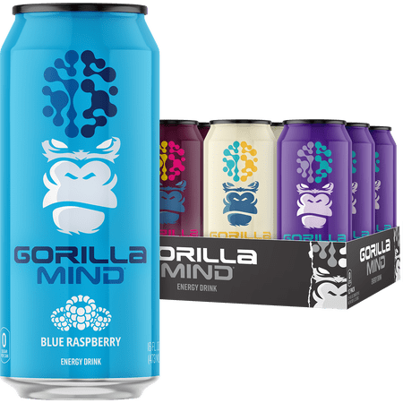 Gorilla Mind Energy Drink, No Sugar or Artificial Colors, Variety Pack 1, 16 oz, 12 pack Cans