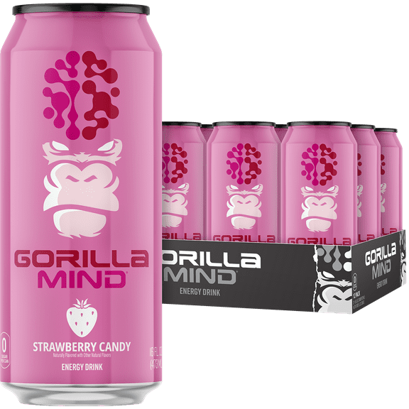 Gorilla Mind Energy Drink, No Sugar or Artificial Colors, Strawberry Candy, 16 oz, 12 pack Cans