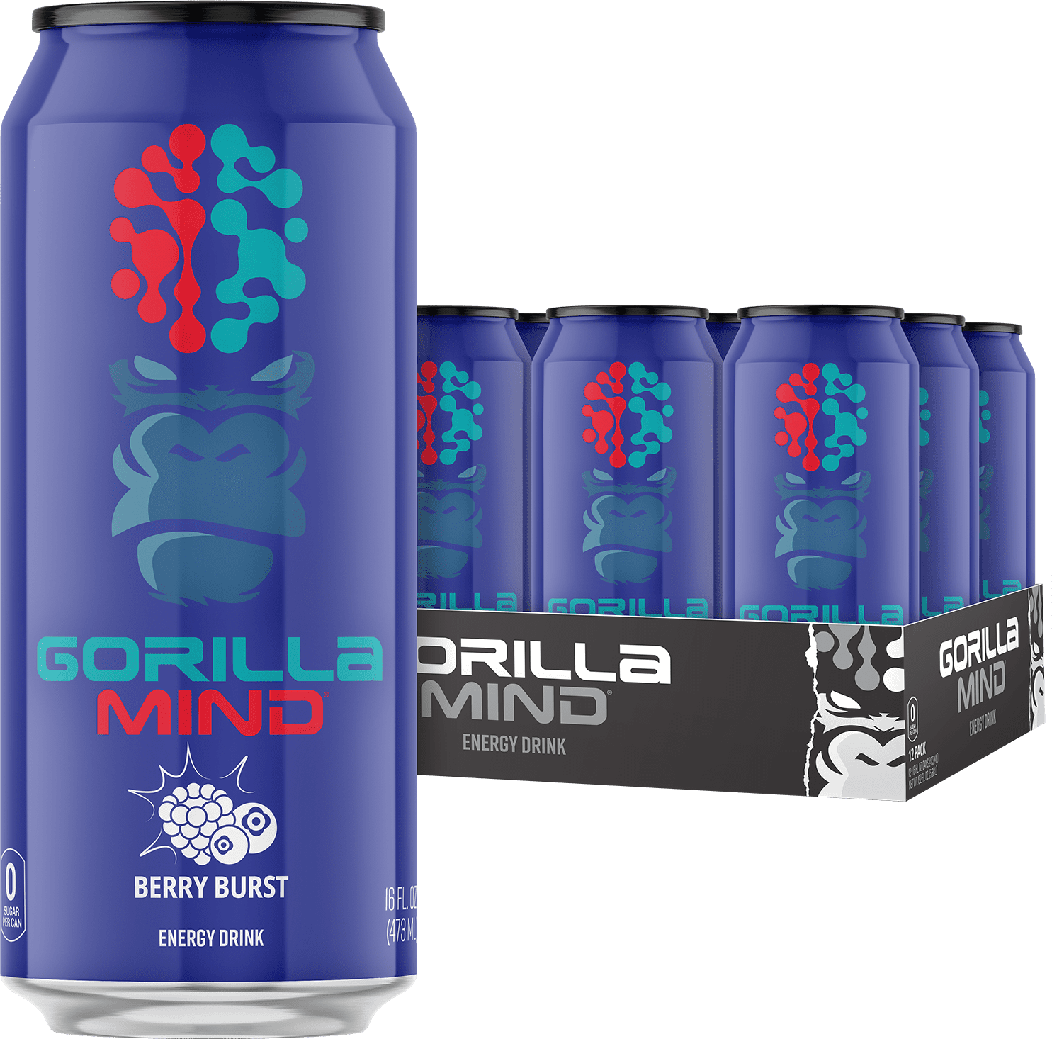 Gorilla Mind Energy Drink 16oz Berry Burst Sugar-Free with 200mg