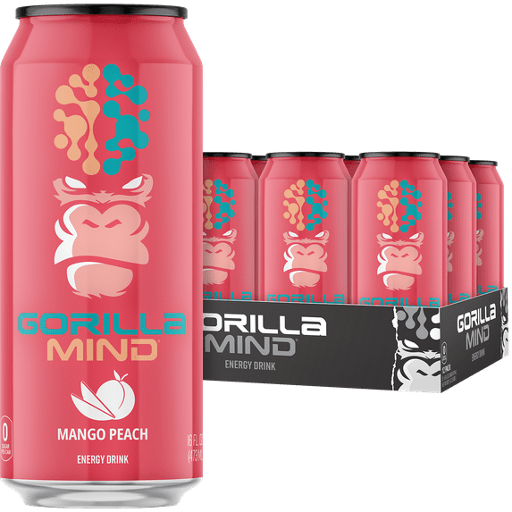 Gorilla Mind Energy Drink, No Sugar or Artificial Colors, Mango Peach, 16 oz, 12 pack Cans