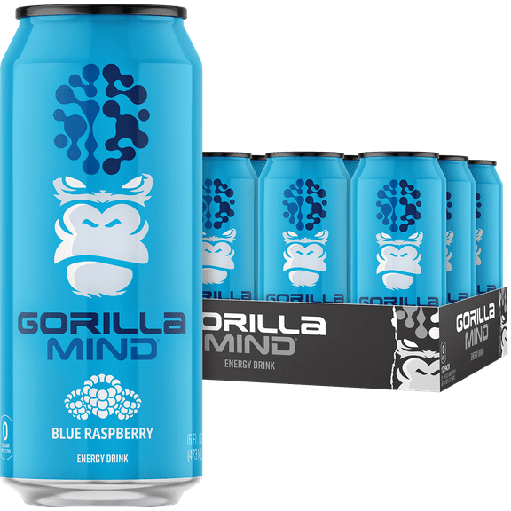 Gorilla Mind Energy Drink, No Sugar or Artificial Colors, Blue Raspberry, 16 oz, 12 pack Cans