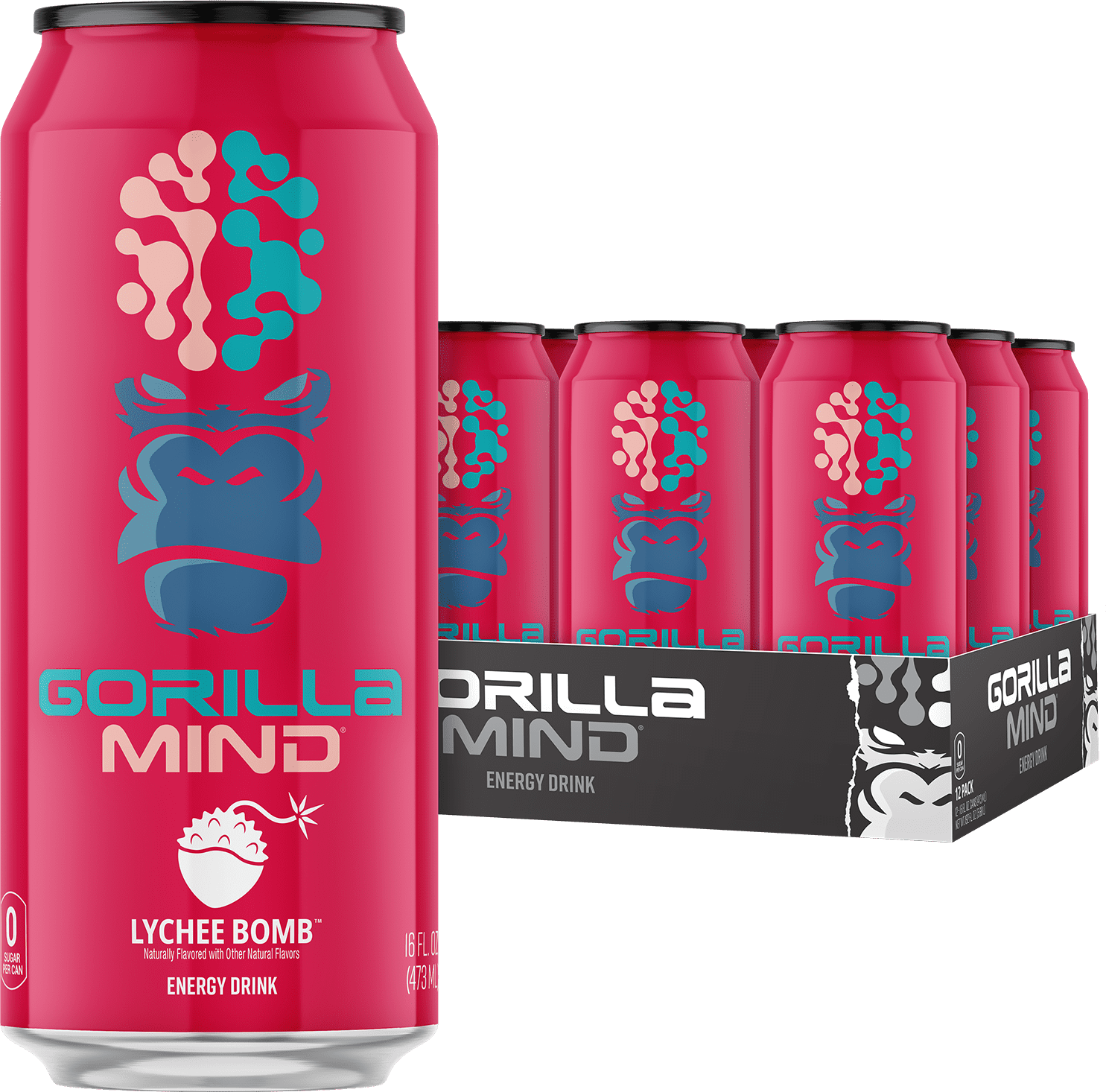 Gorilla Mind Energy Drink, No Sugar or Artificial Colors, Lychee Bomb, 16 oz, 12 pack Cans