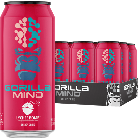 Gorilla Mind Energy Drink, No Sugar or Artificial Colors, Lychee Bomb, 16 oz, 12 pack Cans