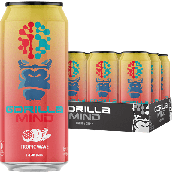 Gorilla Mind Energy Drink, No Sugar or Artificial Colors, Tropic Wave, 16 oz, 12 pack Cans