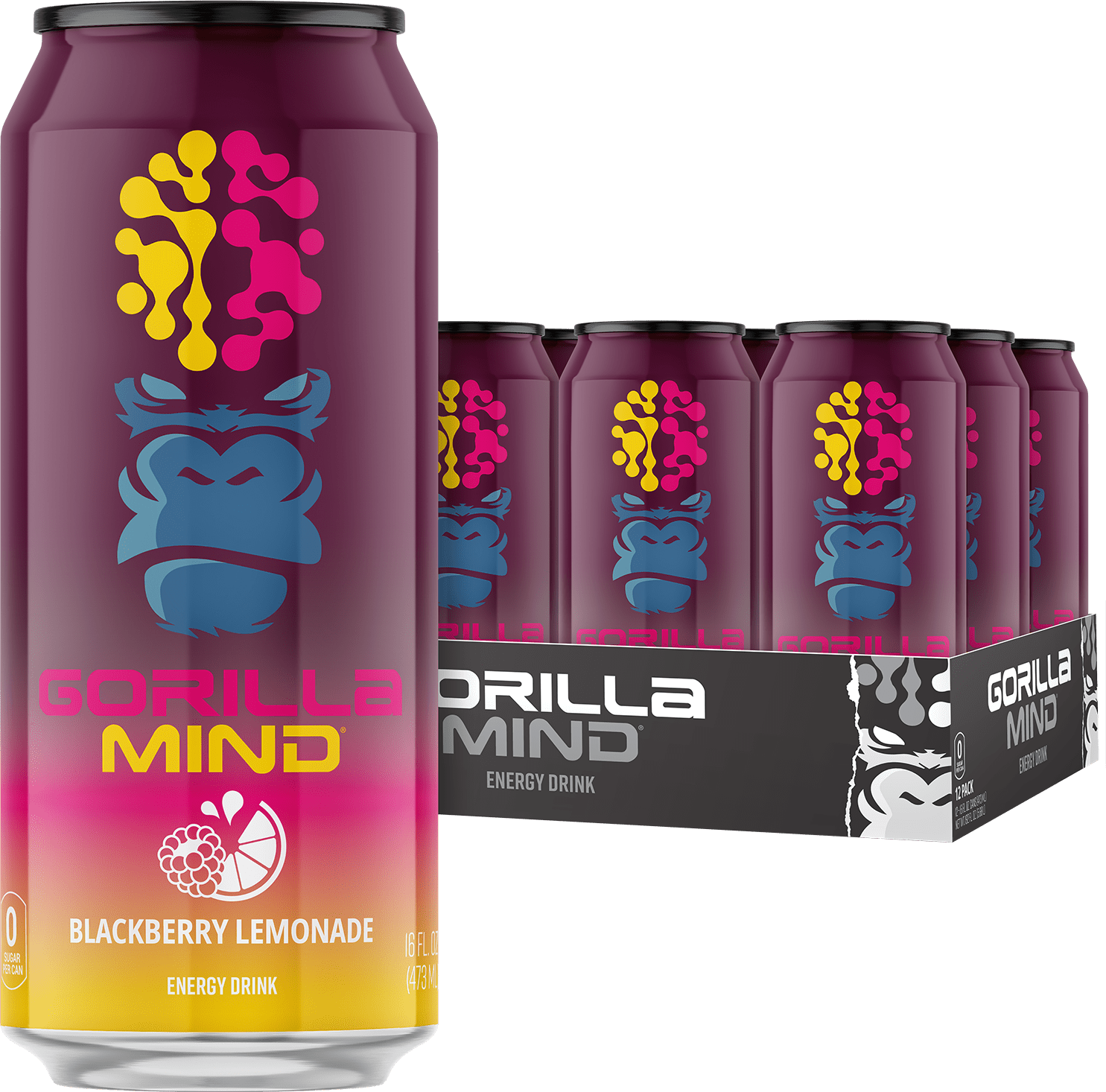 Gorilla Mind Energy Drink, No Sugar or Artificial Colors, Blackberry Lemonade, 16 oz, 12 pack Cans