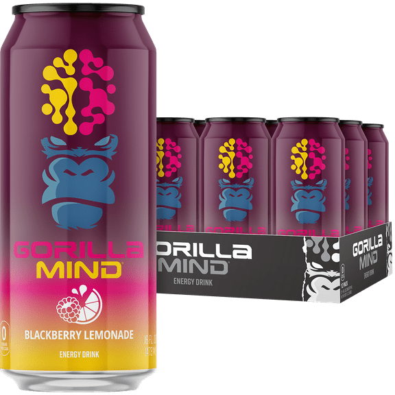 Gorilla Mind Energy Drink, No Sugar or Artificial Colors, Blackberry Lemonade, 16 oz, 12 pack Cans