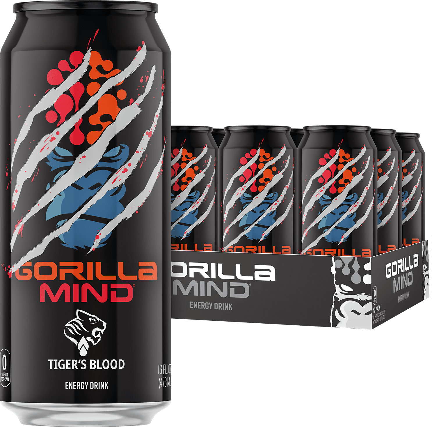 Gorilla Mind Energy Drink, No Sugar or Artificial Colors, Tigers Blood, 16 oz, 12 pack Cans