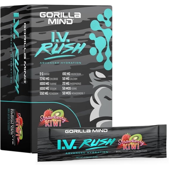 Gorilla Mind I.V. Rush Electrolyte Drink Mix 3,760mg Electrolytes, Sugar Free, No Artificial Sweeteners | Fast Hydration Powder | Rehydration & Muscle Support | 12 Travel Sticks | Strawberry Kiwi