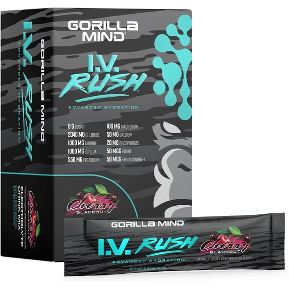Gorilla Mind I.V. Rush™ Electrolyte Drink Mix – 3,760mg Electrolytes, Sugar Free, No Artificial Sweeteners | Fast Hydration Powder | Rehydration & Muscle Support | 12 Travel Sticks | Cherry Blackout