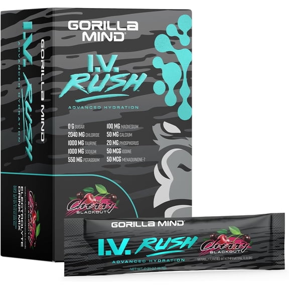 Gorilla Mind I.V. Rush Electrolyte Drink Mix 3,760mg Electrolytes, Sugar Free, No Artificial Sweeteners | Fast Hydration Powder | Rehydration & Muscle Support | 12 Travel Sticks | Cherry Blackout