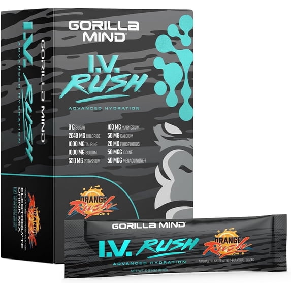 Gorilla Mind I.V. Rush™ Electrolyte Drink Mix – 3,760mg Electrolytes, Sugar Free, No Artificial Sweeteners | Fast Hydration Powder | Rehydration & Muscle Support | 12 Travel Sticks | Orange Rush