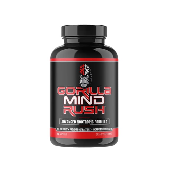Gorilla Mind Rush - Nootropic Supplement | Intense Focus  Insane Productivity Cognitive Health Support, Memory, Focus, Concentration, Clarity | 150 Capsules