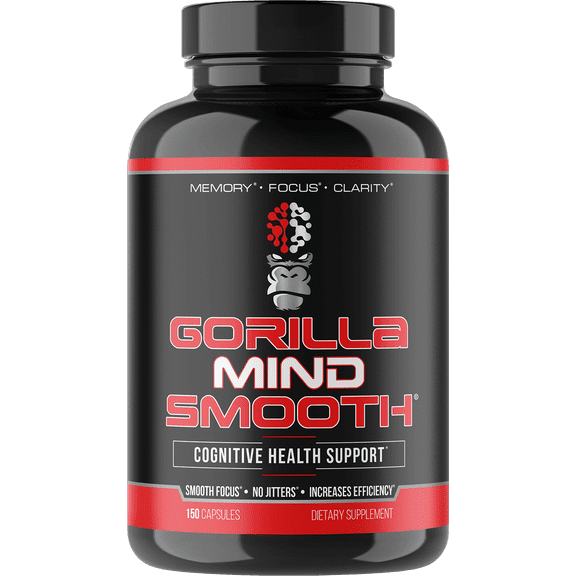 Gorilla Mind Smooth Cognitive Health Support, Stimulant Free Nootropic Formula for Productivity, Memory, Focus, and Mental Clarity, 90 Capsules