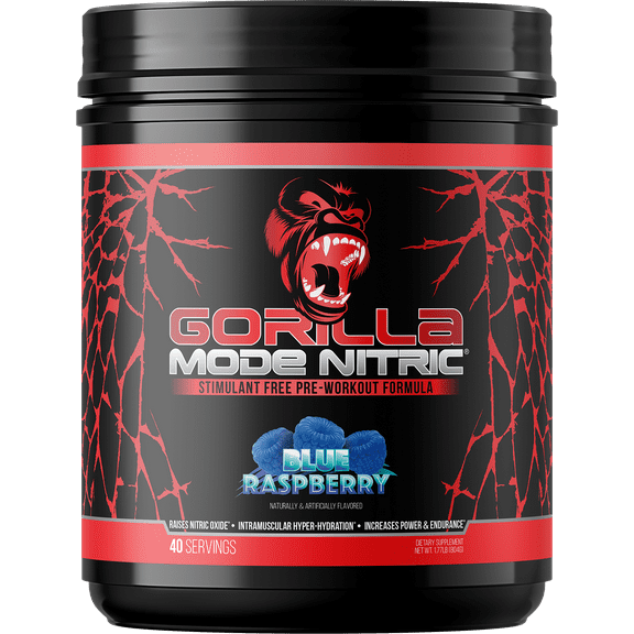 Gorilla Mode Nitric Upgraded Stimulant Free Pre-Workout Powder, Blue Raspberry, 1.77 lbs