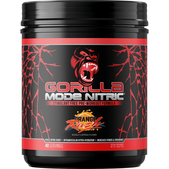 Gorilla Mode Nitric Upgraded Stimulant Free Pre-Workout Powder, Orange Rush, 1.7 lbs