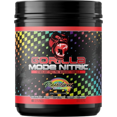 Gorilla Mode Nitric Upgraded Stimulant Free Pre-Workout Powder, Rainbow Sherbet, 1.71 lbs