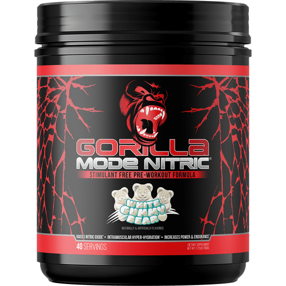 Gorilla Mode Nitric Upgraded Stimulant Free Pre-Workout Powder, White Gummy Bear, 1.72 lbs