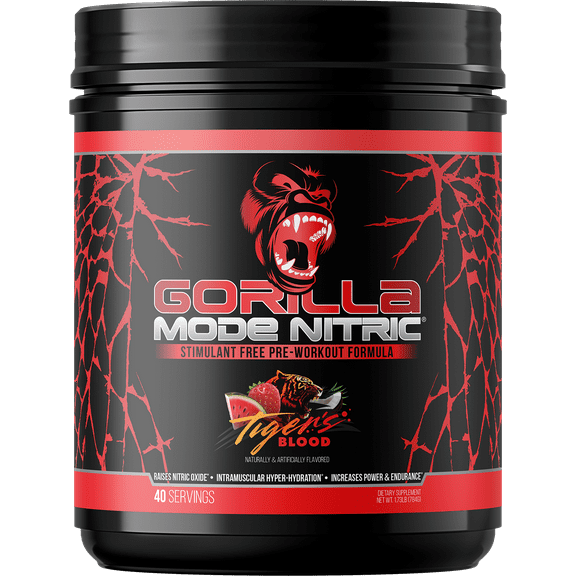 Gorilla Mode Nitric Upgraded Stimulant Free Pre-Workout Powder, Tigers Blood, 1.73 lbs